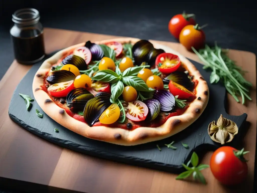 Una exquisita pizza vegana gourmet con ingredientes coloridos y artísticamente dispuestos, rociada con glaseado balsámico