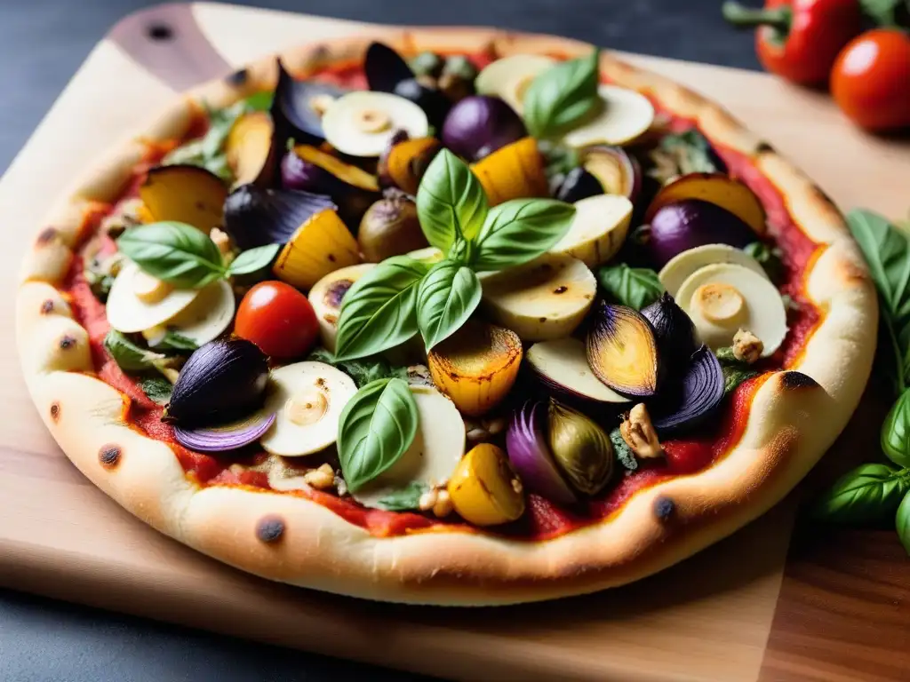 Una exquisita pizza vegana gourmet con ingredientes coloridos y frescos, sobre una tabla de madera moderna en un mercado orgánico