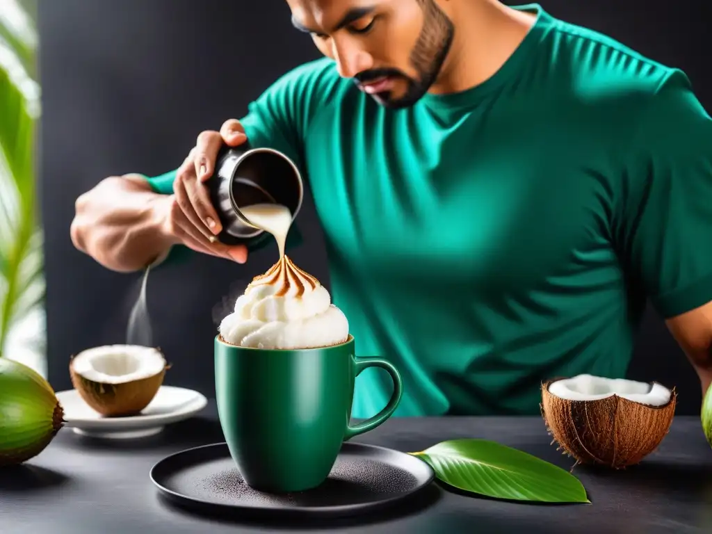 Exquisita preparación de café vietnamita con helado de leche de coco, en una cocina minimalista