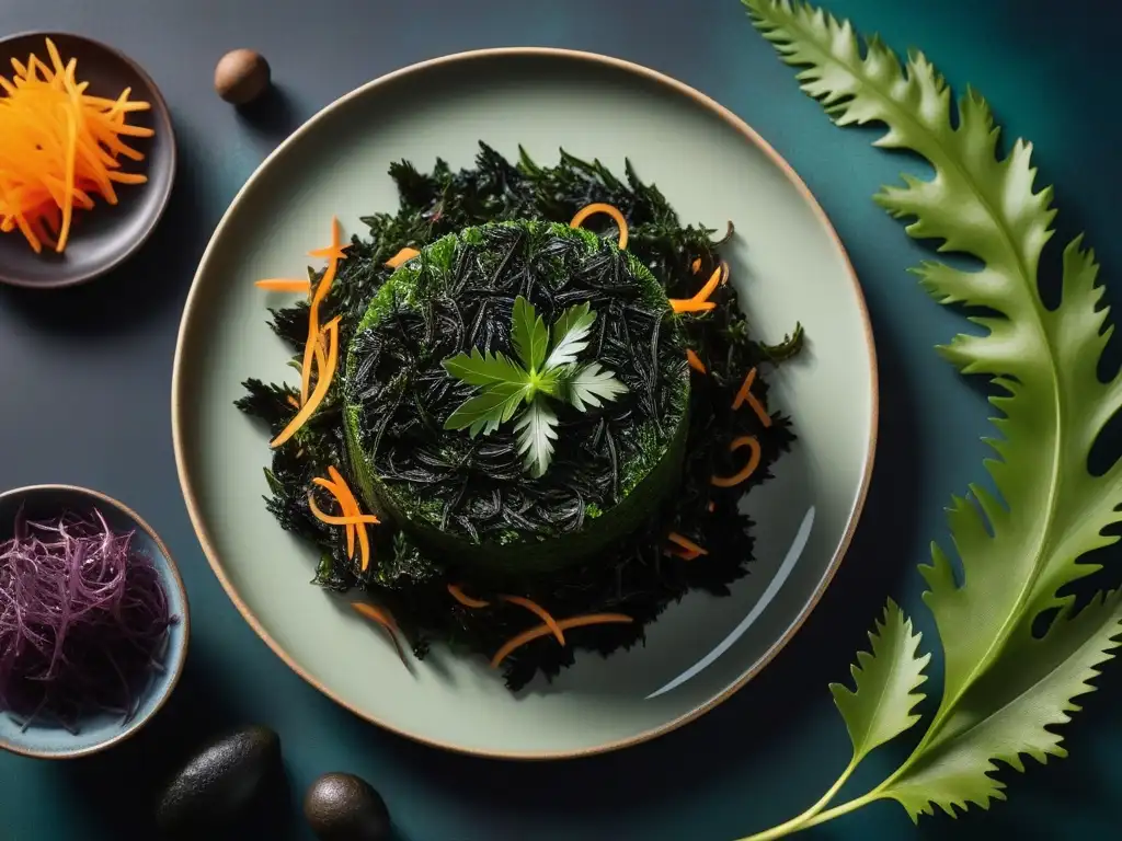 Exquisita presentación de algas veganas: nori, wakame y dulse, resaltando beneficios nutricionales