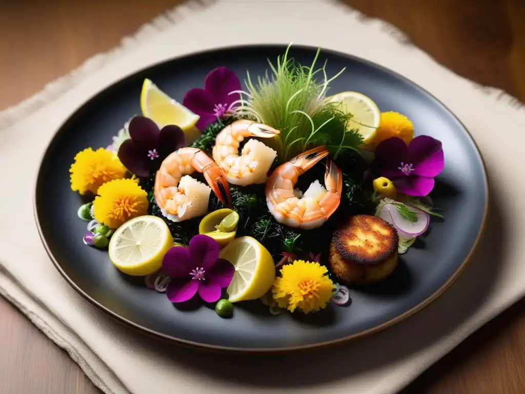 Una exquisita presentación de alternativas veganas para alérgicos, con delicadas versiones de mariscos en un plato sofisticado