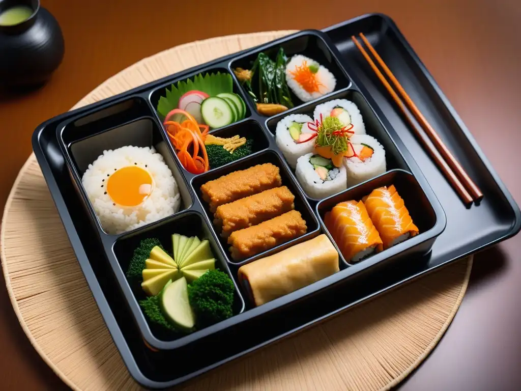 Una exquisita presentación de un bento box vegano japonés tradicional con una variedad de platillos coloridos y auténticos