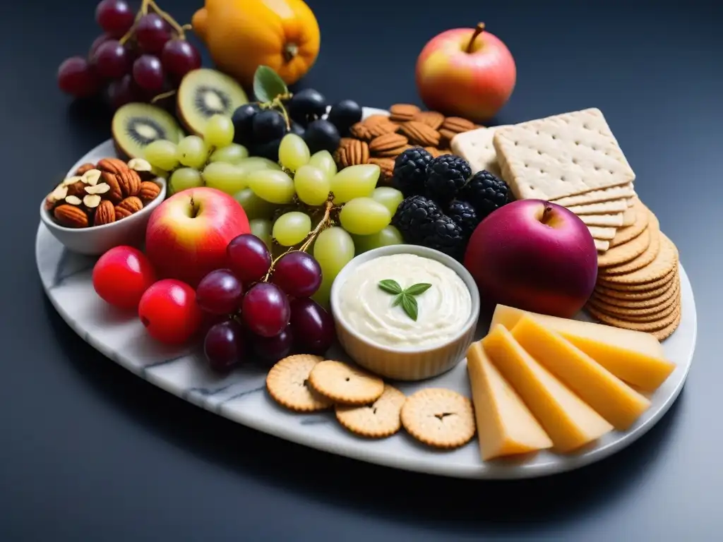 Una exquisita presentación en cocina vegana con tabla de embutidos vegetarianos, frutas, quesos vegetales y crackers artesanales sobre plato de mármol