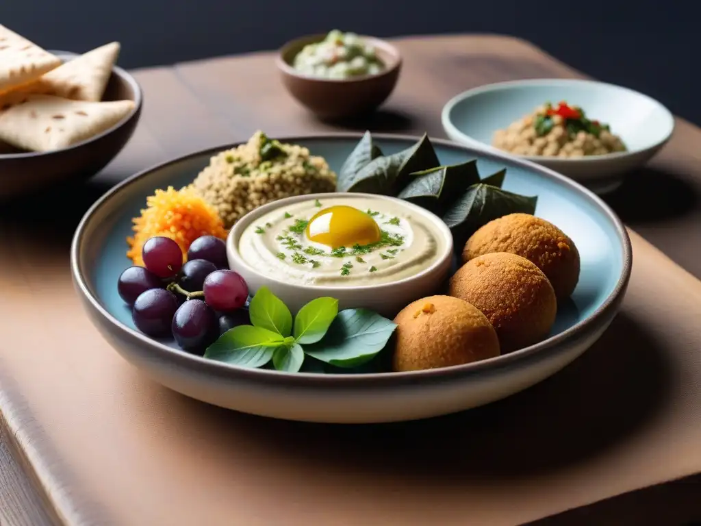 Una exquisita presentación de cocina vegana Oriente Medio: plato cerámico con hummus, falafel, tabbouleh, baba ghanoush y pan pita en una mesa rústica