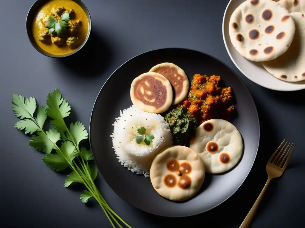 Una exquisita presentación de cocina vegana india: thali con curris, arroz basmati, chutneys, papadums, naan, cilantro y aceite de cúrcuma