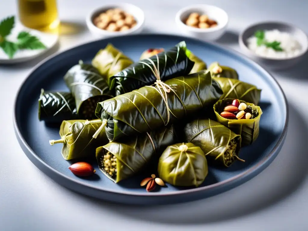 Una exquisita presentación de dolmas veganos: hojas de parra rellenas de arroz, piñones, hierbas y especias, detalle y color vibrante