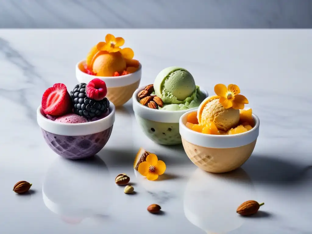 Una exquisita presentación de helados veganos caseros decorados con frutas, nueces y flores comestibles sobre mármol