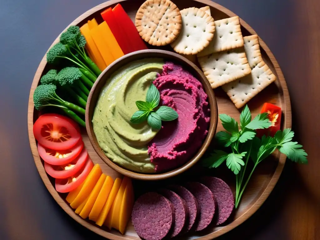 Una exquisita presentación de patés vegetales caseros deliciosos en una tabla rústica con hierbas frescas, galletas artesanales y vegetales cortados