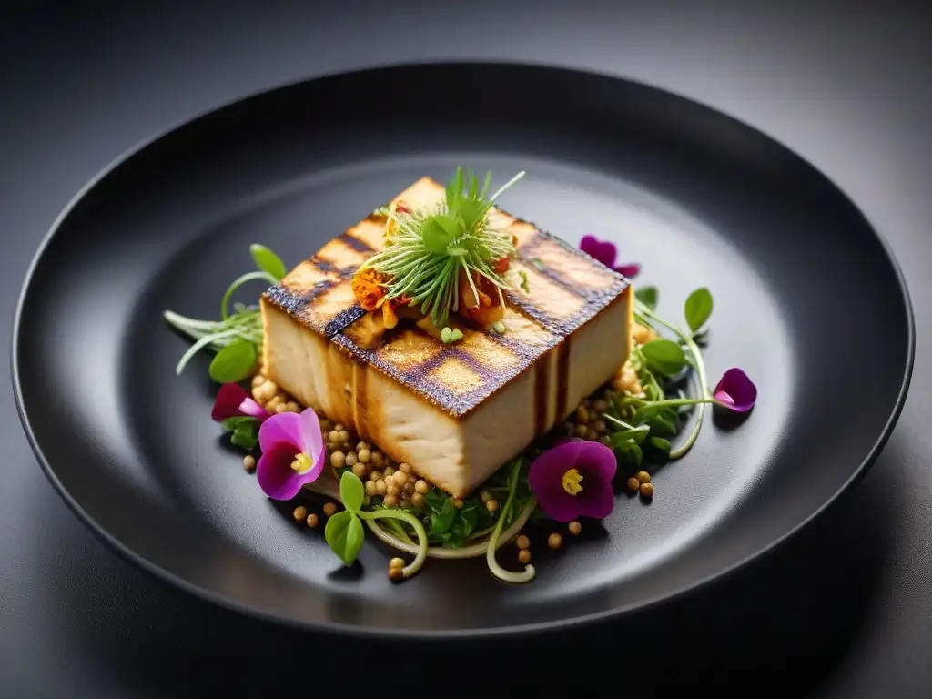 Exquisita presentación de un platillo gourmet vegano de tofu, con microgreens y flores comestibles