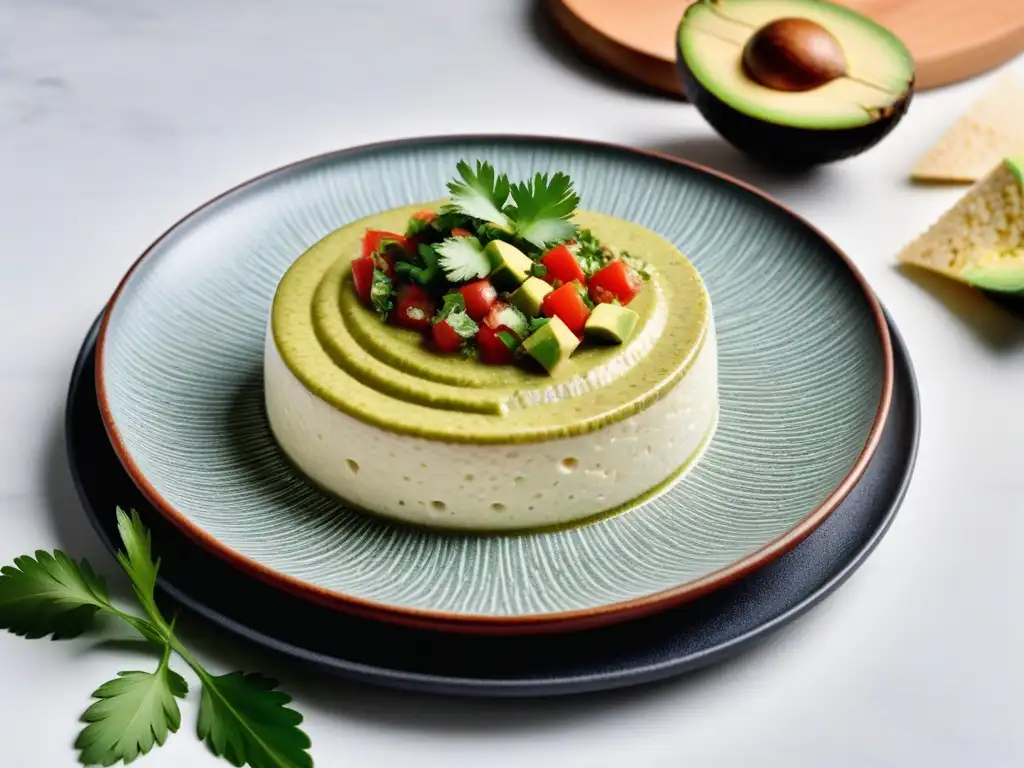 Deléitate con la exquisita presentación de un plato de queso vegano con salsa verde, cilantro fresco y aguacate maduro