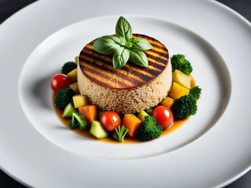 Una exquisita presentación de un plato vegano con vegetales frescos y proteínas vegetales, ideal para chefs veganos