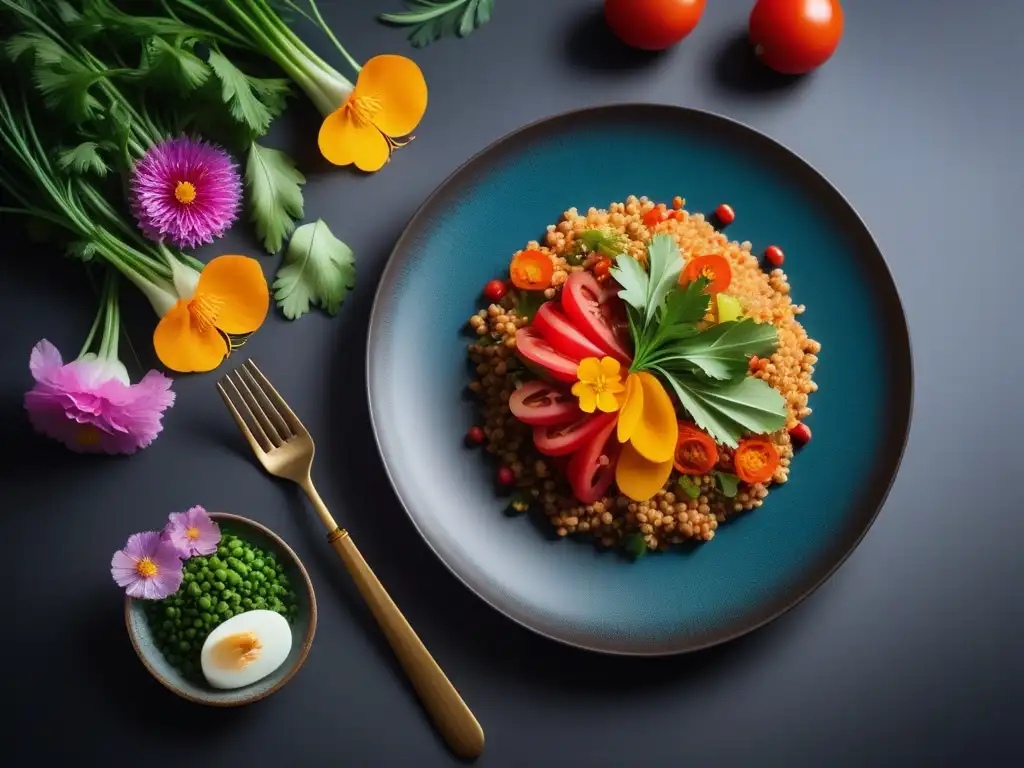 Una exquisita presentación de un plato vegano tradicional de Kazajistán, con vegetales, hierbas y granos coloridos y arreglados con detalle en un elegante plato moderno