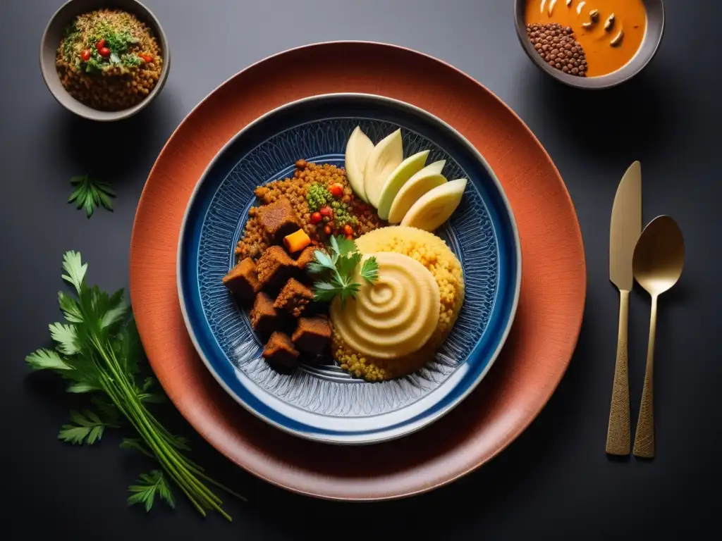 Una exquisita presentación de platos veganos africanos saludables en una cocina minimalista y elegante