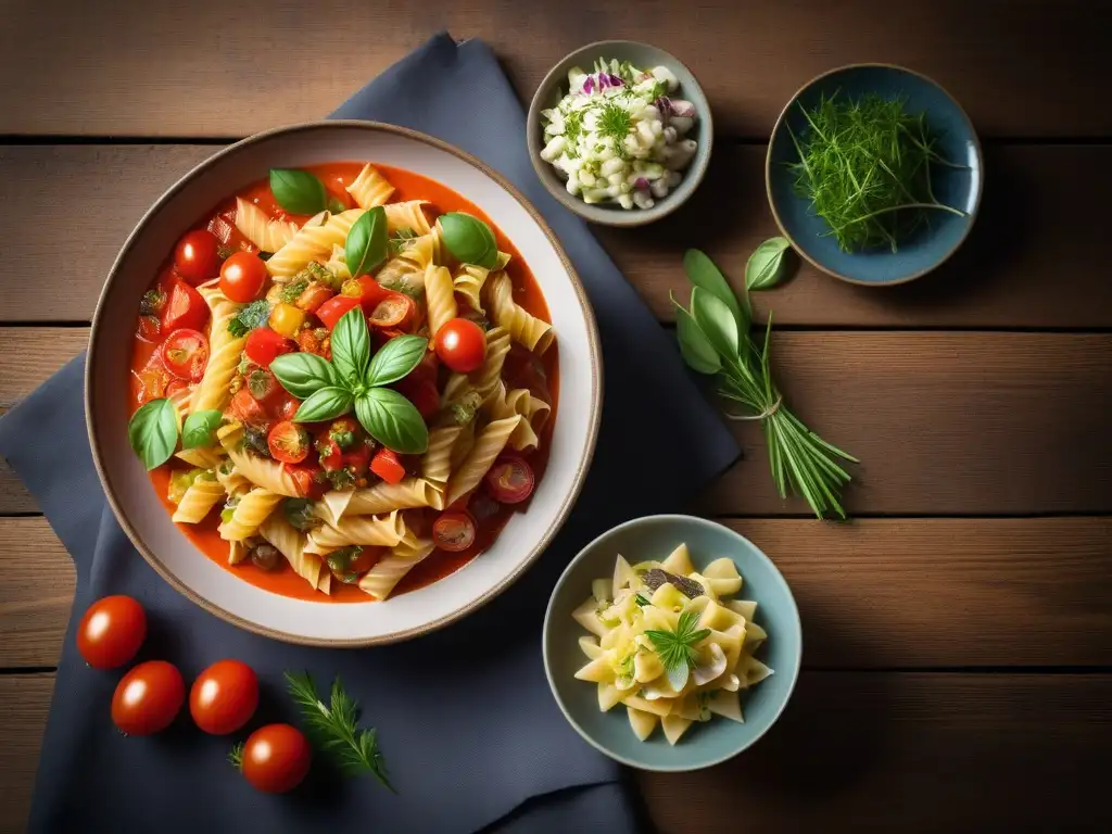 Una exquisita presentación de platos veganos europeos en una mesa rústica con hierbas frescas