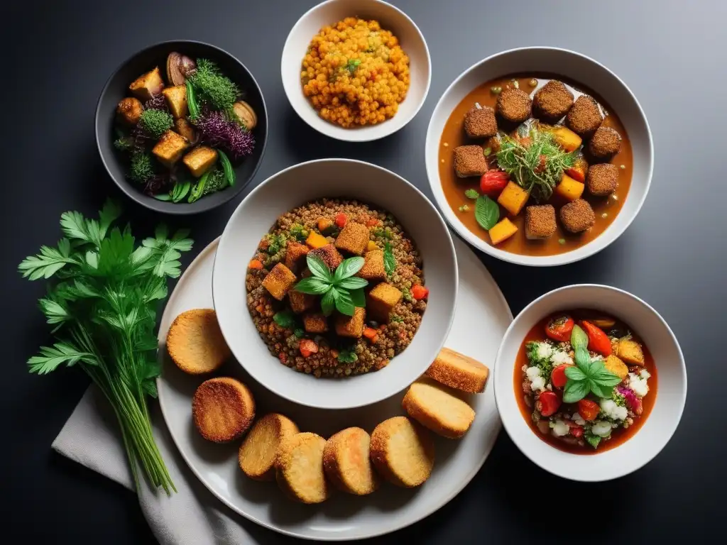 Exquisita presentación de platos veganos tradicionales revelando los beneficios de la cocina vegana tradicional