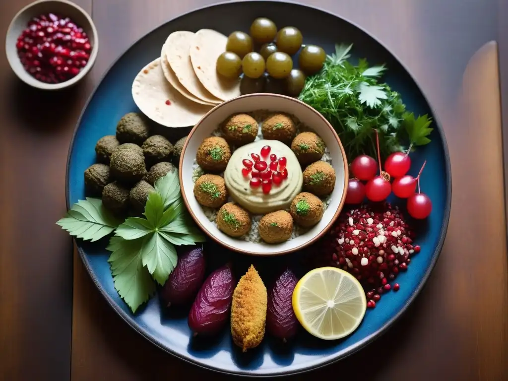 Una exquisita presentación de platos veganos de Medio Oriente en una tabla de madera rústica, resaltando sabores y colores vibrantes