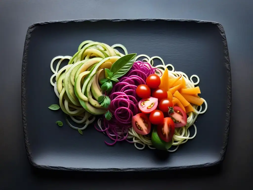 Una exquisita presentación de platos veganos crudos que deslumbran por su elegancia y frescura en una tabla de pizarra minimalista