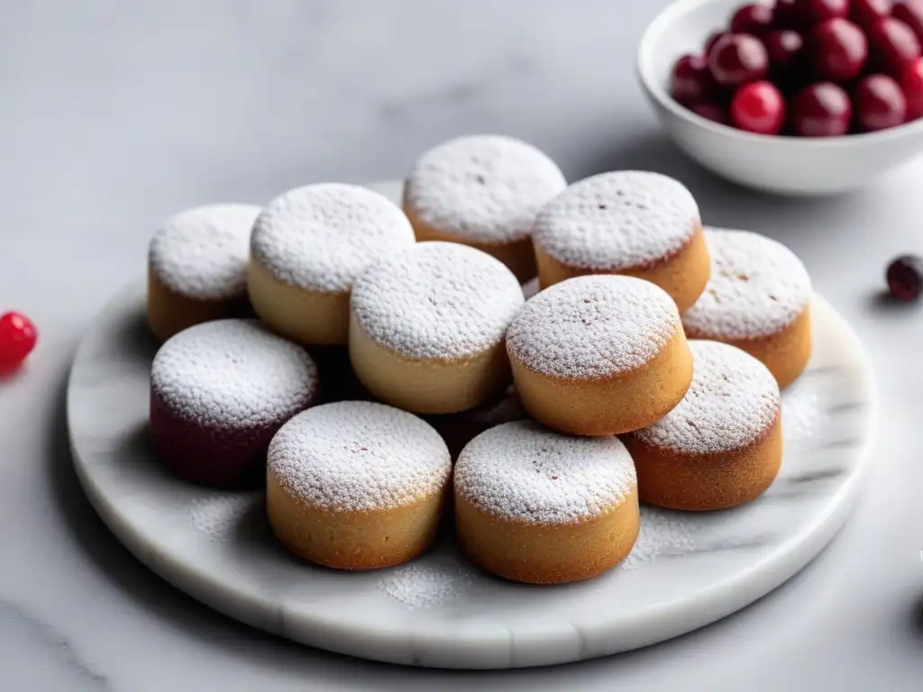 Exquisita presentación de polvorones veganos navideños en elegante tabla de mármol