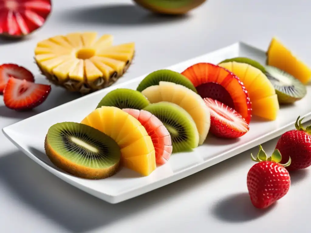 Una exquisita presentación de snacks veganos deshidratados gourmet: frutas coloridas en plato blanco minimalista