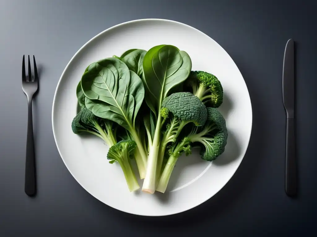 Exquisita presentación de suplementos veganos para deficiencia hierro en hojas verdes frescas y brillantes sobre plato blanco moderno