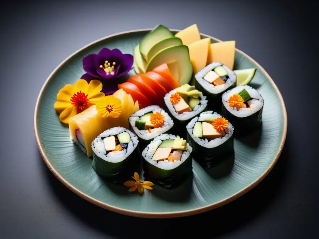 Una exquisita presentación de sushi vegano colorido, adornado con flores comestibles y vegetales frescos