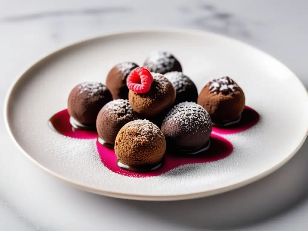 Exquisita presentación de trufas veganas deliciosas con cacao y frambuesa en plato blanco