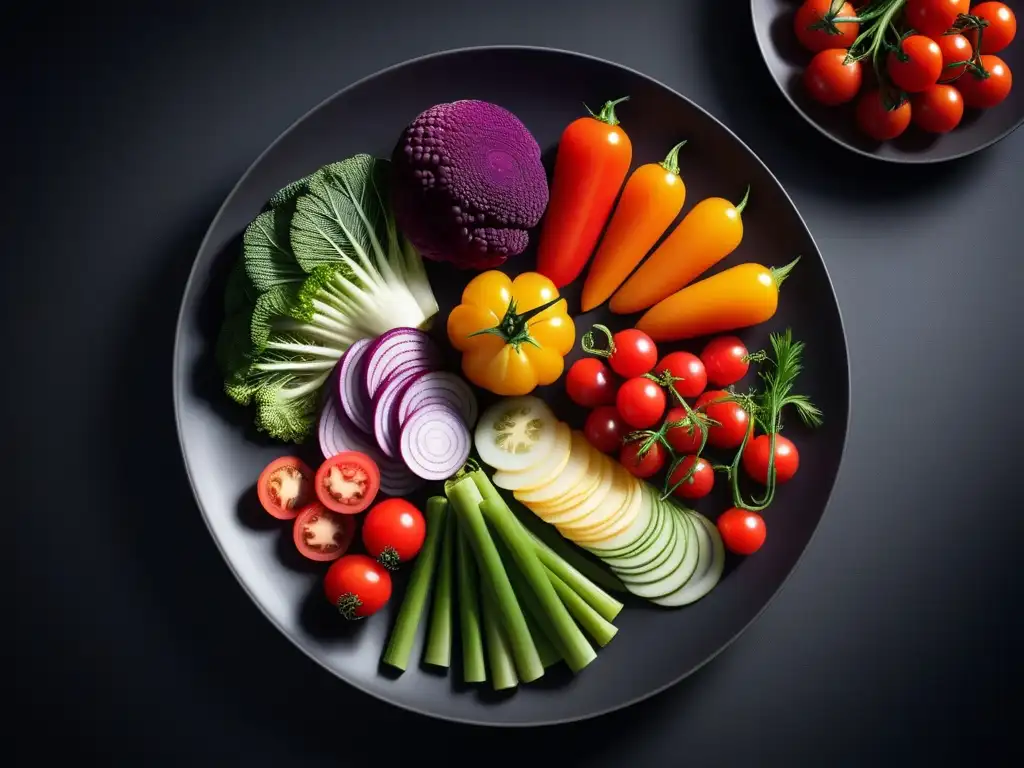 Una exquisita presentación de verduras frescas y coloridas en una bandeja de cerámica moderna