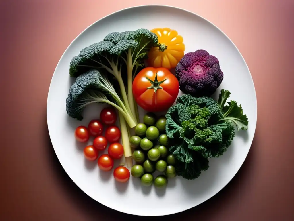 Una exquisita presentación de verduras vibrantes en un plato blanco minimalista