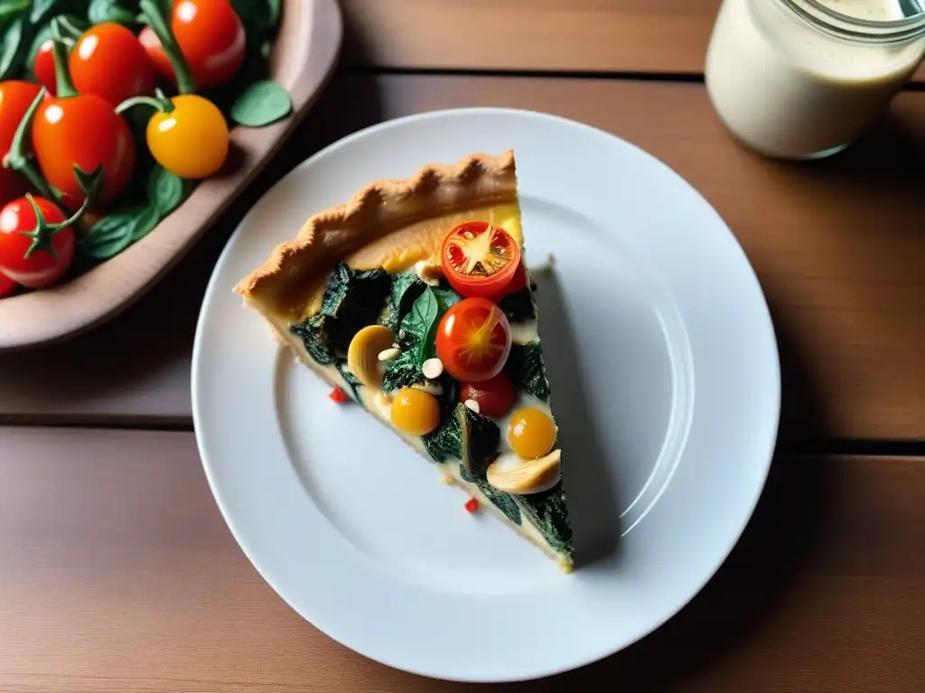 Una exquisita quiche vegana con vegetales asados, crema de anacardos y hierbas frescas