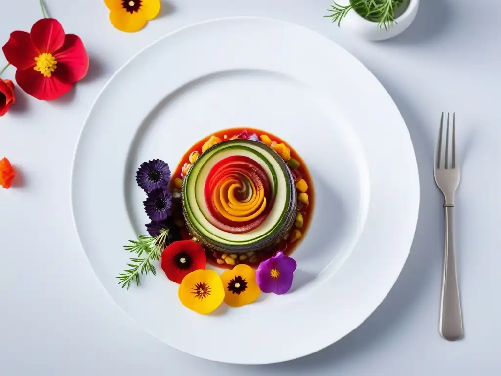 Exquisita Ratatouille vegana reinventa gastronomía con capas de verduras en plato blanco