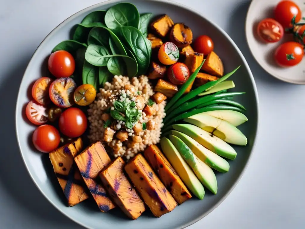 Exquisita receta casera tempeh vegano en un bowl lleno de color y sabor