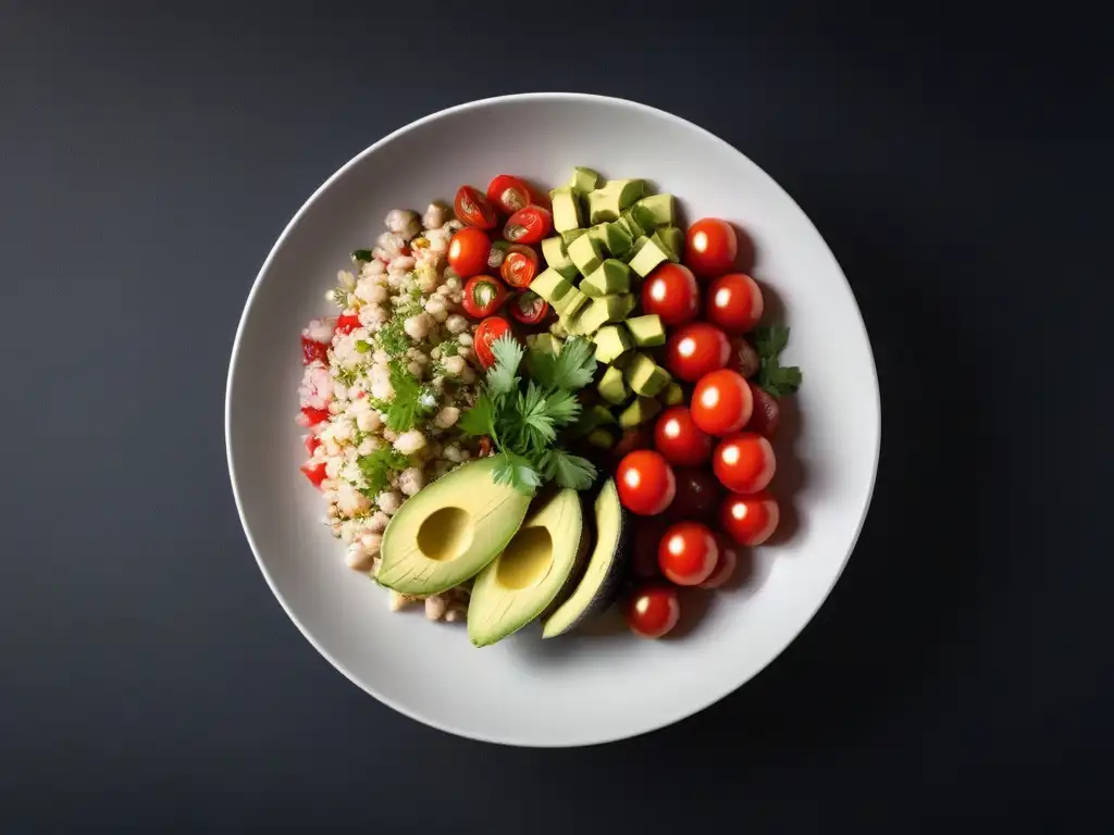 Exquisita receta ceviche vegano sin pescado en plato blanco, colorido y fresco