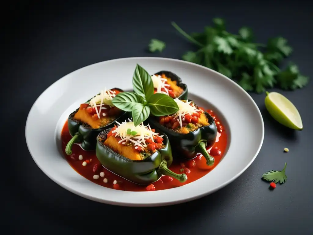 Exquisita receta chiles rellenos vegana con relleno colorido en poblanos, salsa de tomate y queso vegano sobre plato blanco