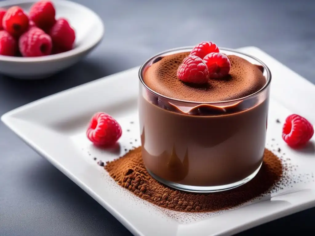 Deléitate con una exquisita receta de mousse de chocolate vegano cremoso, decorado con cacao en polvo y frambuesas frescas