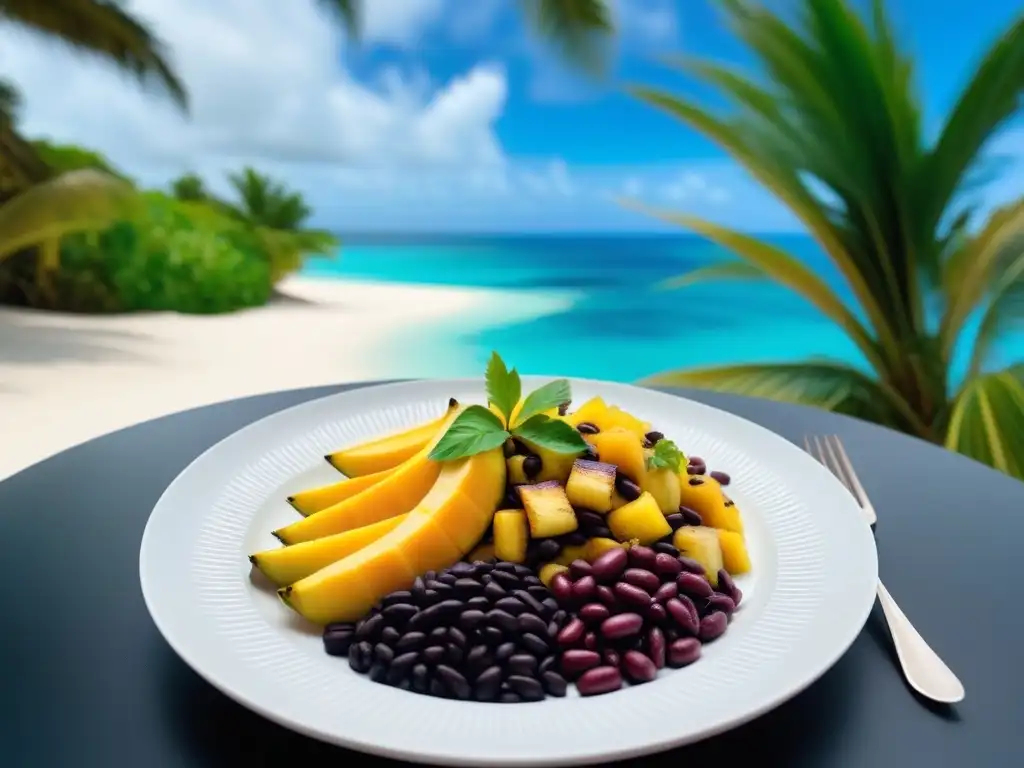 Una exquisita receta de cocina vegana caribeña con plátanos, frijoles negros, arroz de coco, piña a la parrilla y salsa de mango, en un plato blanco sobre un mar turquesa y palmeras verdes bajo la luz dorada de un paraíso tropical