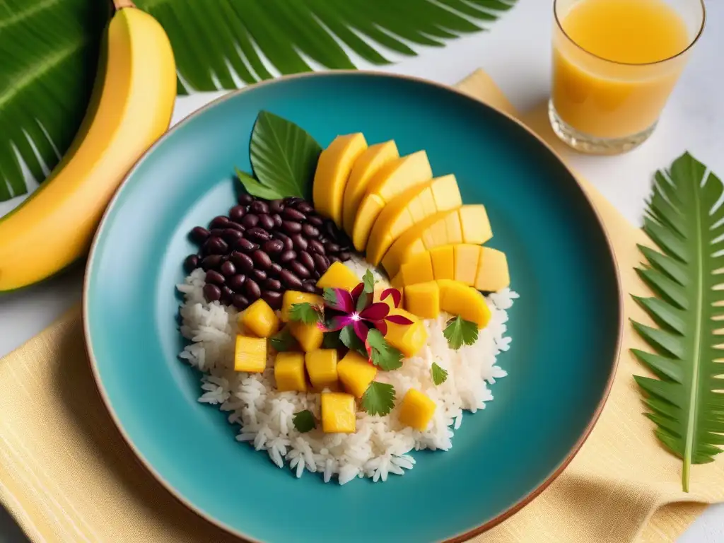 Exquisita receta cocina vegana caribeña con plátanos, arroz de coco, frijoles y salsa de mango fresca, en un escenario paradisíaco