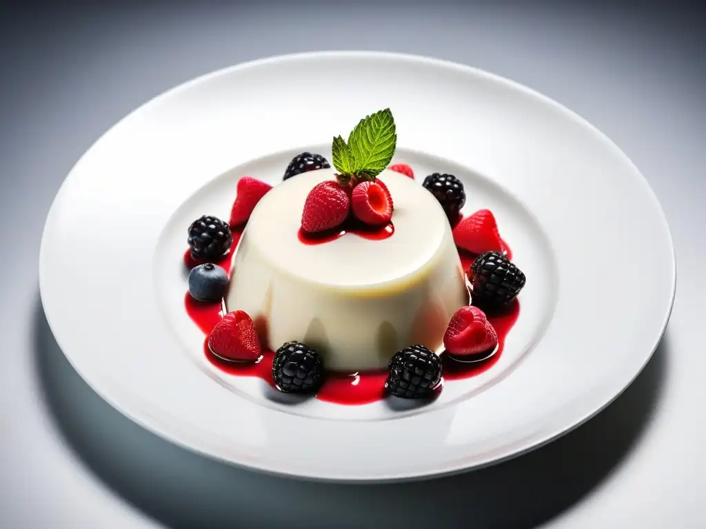 Exquisita receta panna cotta vegana sin gelatina, decorada con bayas frescas y hoja de menta en plato blanco minimalista