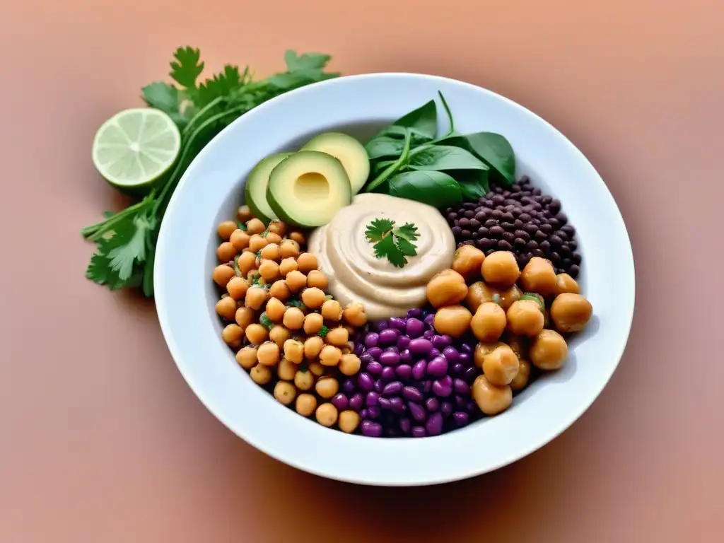 Una exquisita receta con legumbres veganas mediterráneas en un bowl colorido y detallado