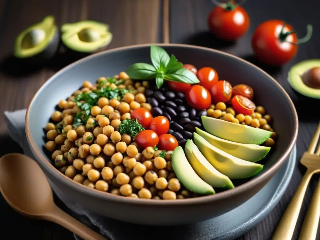 Deléitate con una exquisita receta de legumbres veganas mediterráneas en un colorido bowl