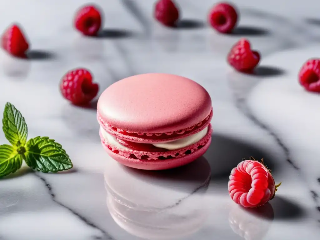 Exquisita receta macarons veganos deliciosos en rosa pastel con frambuesas y menta sobre encimera de mármol