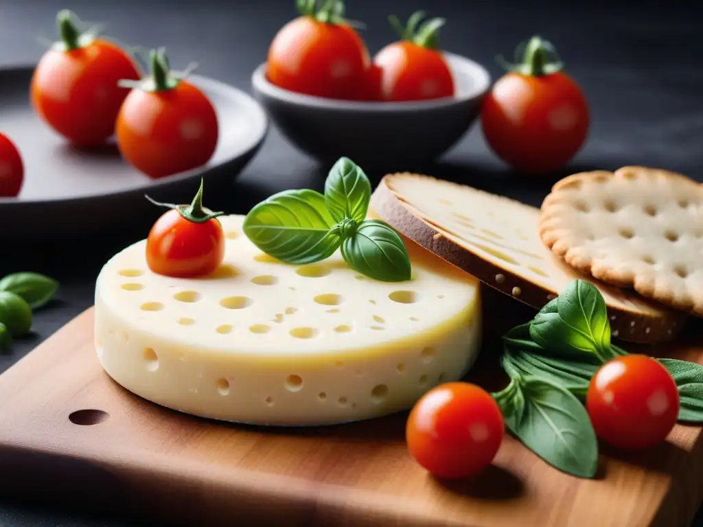 Una exquisita receta de queso suizo vegano, rodeada de hierbas frescas, tomates cherry y crackers artesanales en una presentación elegante