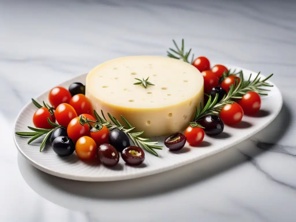 Exquisita receta queso vegano estilo griego con tomates, aceitunas y aceite de oliva sobre mármol
