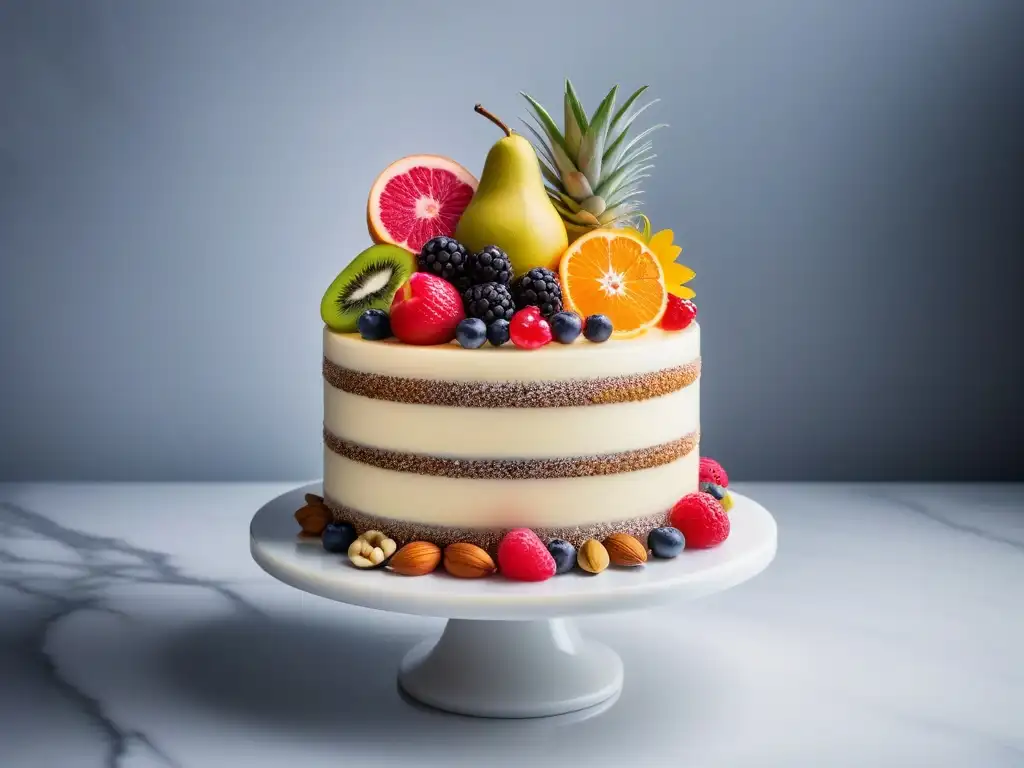 Una exquisita receta de repostería vegana: un pastel decorado con frutas, nueces y flores comestibles, sobre una elegante encimera de mármol