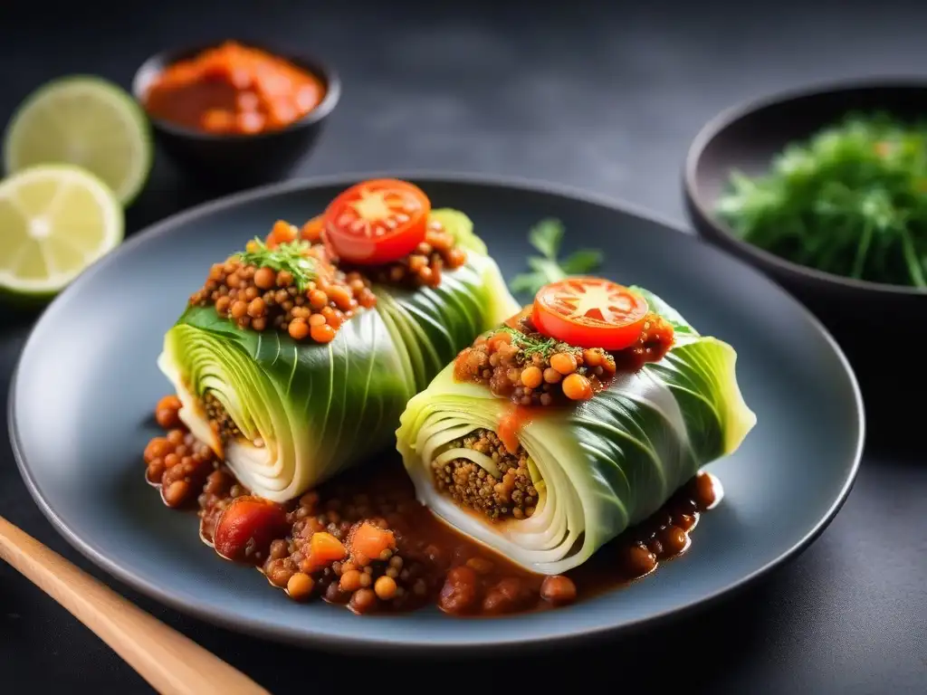 Exquisita receta rollitos repollo vegano con relleno de quinua, lentejas y verduras, bañados en salsa de tomate y hierbas frescas