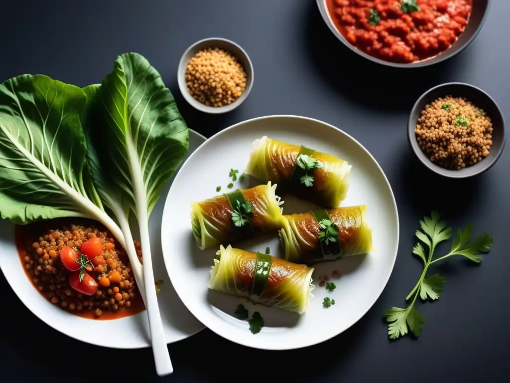 Una exquisita receta de rollitos de repollo vegano con quinoa, lentejas y verduras, decorados con perejil fresco y salsa de tomate vibrante