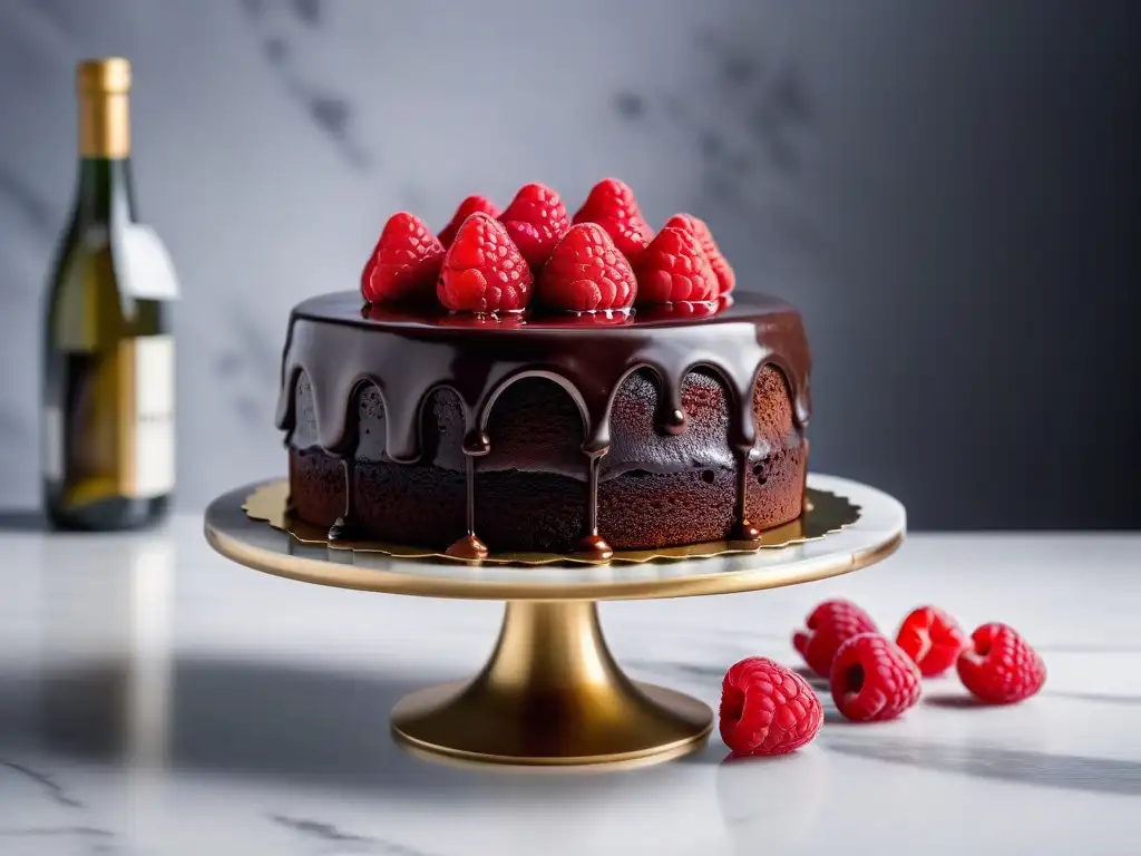 Exquisita receta tarta chocolate vegana, decorada con ganache y frambuesas sobre mármol blanco, bañada en luz natural difusa