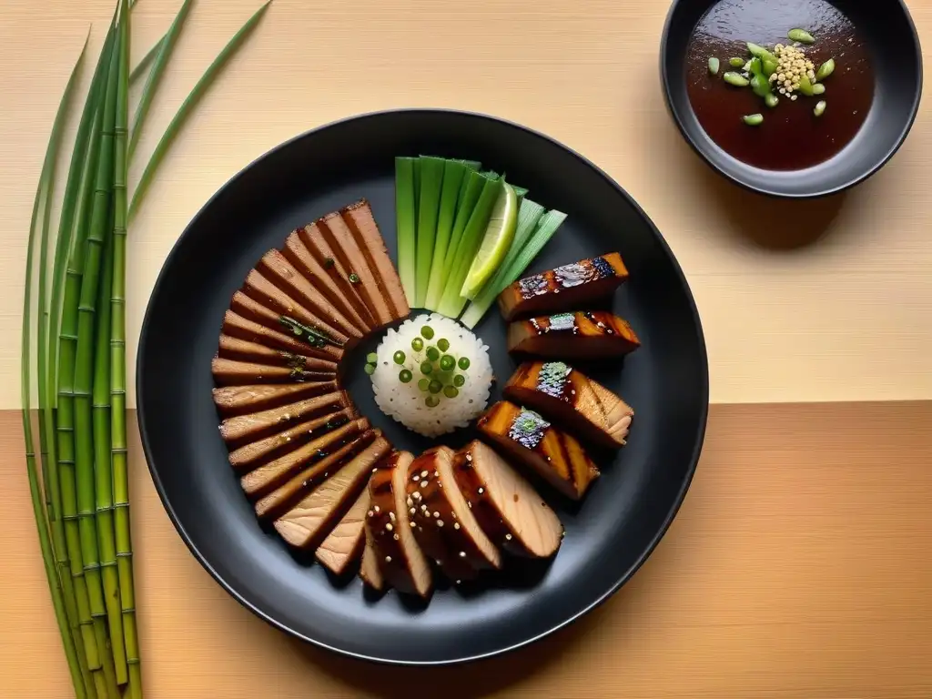 Una exquisita receta de Seitan Twist Asiático en un plato negro, adornado con semillas de sésamo, cebollino y sriracha picante, sobre palillos de bambú y una elegante decoración floral