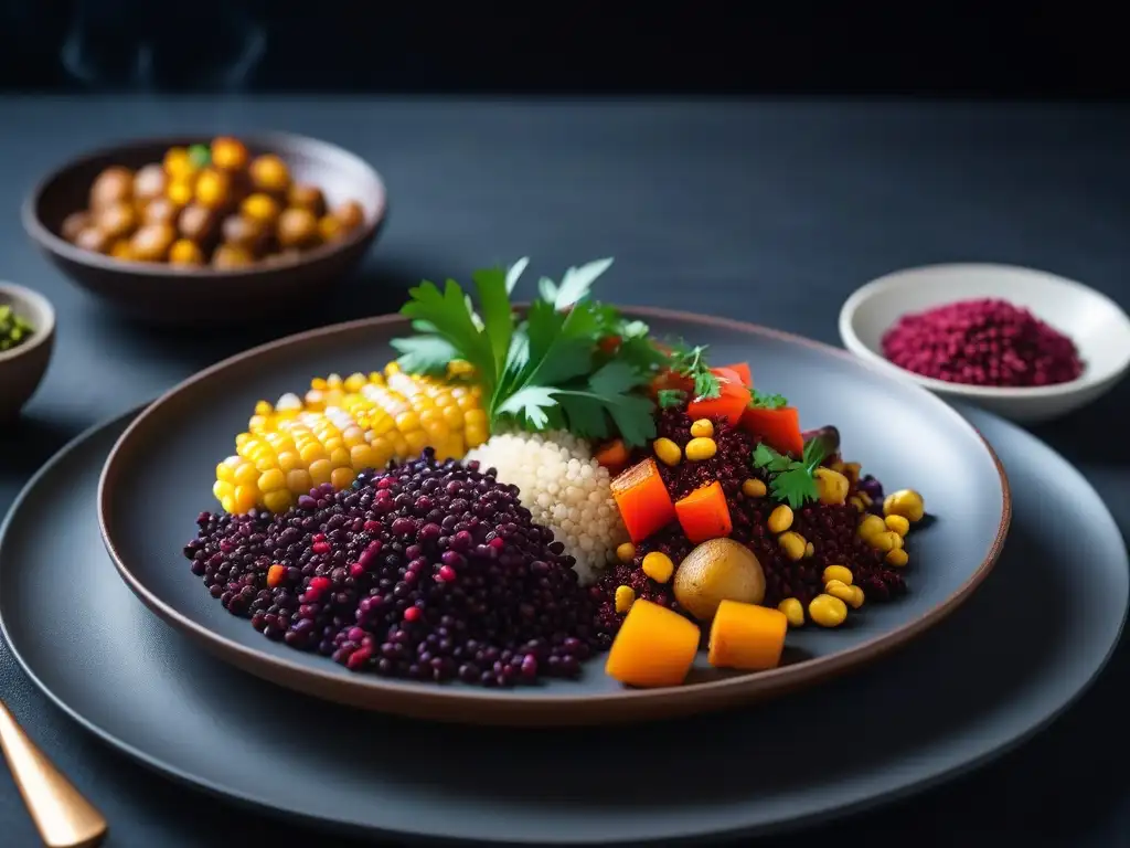 Exquisita receta vegana de la cocina andina con quinua, maíz, papas y vegetales indígenas en un plato colorido y detallado