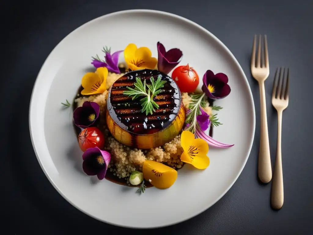 Exquisita receta vegana gourmet fácil con verduras asadas y quinoa, decorada con hierbas frescas y flores comestibles en un elegante plato blanco sobre fondo oscuro de pizarra