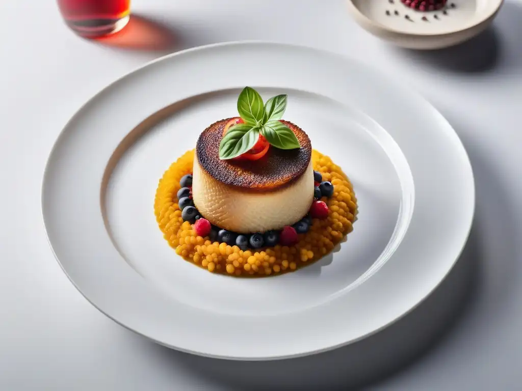 Plato gourmet vegano: frescura y elegancia Una exquisita receta vegana gourmet para almuerzos, con colores vibrantes y presentación elegante